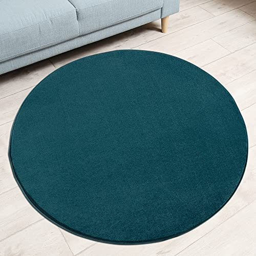 Impression Kurzflor-Wohnzimmerteppich - Schlichte Moderne Teppiche für Schlafzimmer, Büro, Flur, Küche, Kinderzimmer - Dunkelblau, 200 cm Rund