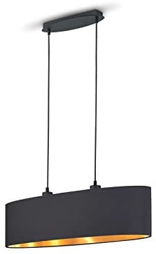 Zeitlose ovale Pendelleuchte mit Stoff Lampenschirm in Schwarz und innen Gold, Breite 80cm