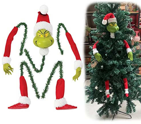 Grinch, decorazione per albero di Natale, testa di elfo, braccia e gambe per albero di Natale, stola di elfo di Natale farcito bloccato puntale ghirlanda ornamenti (A)