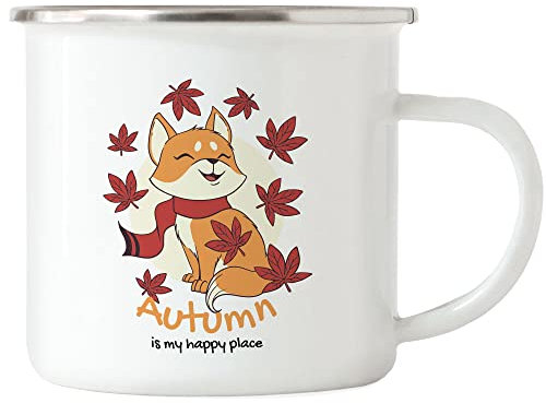 Hey!Print Autumn Is My Happy Place Emaille Tasse Herbstblätter Laub Ahornblätter Fuchs Goldbraune Farben Herbstzeit Herbstbeginn