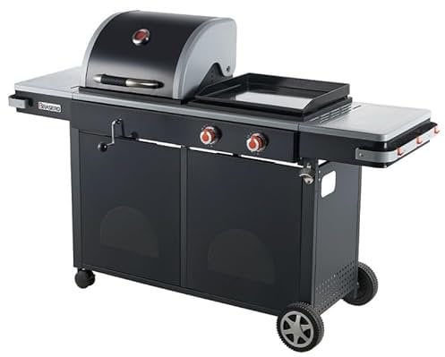 BRASERO - Barbecue Bi-Energy L Barbecue Charbon 49 x 42 cm et Plancha à gaz 48 x 42 cm - 2 brûleurs gaz - 7,2 KW - Noir