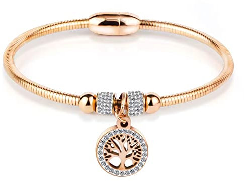 KunBead Jewelry Rose Gold Family Tree Charm Birthday Bracelet Stainless Steel Love Bangle Cuff Jewellery Bracelets for Women