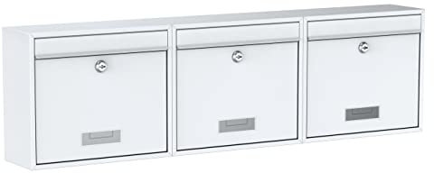 BASI Briefkasten 3er Set | Wandbriefkasten aus Stahl | Farbe Weiß | mit Namensschild | Zylinderschloss mit 2 Schlüssel | inkl. Befestigungsmaterial | Briefkastenanlage | 3 Stück