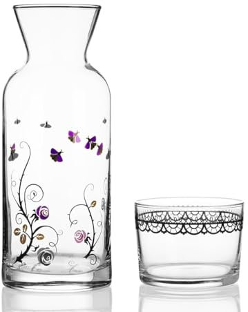 Wrenbury Bedside Water Carafe Glass Set with Tumbler 700ml - Mouthwash Cup and Decanter - Fabulous All in One Carafe and Cup Set for Outdoor Dining and Picnics - Gothic Design Glass Pitcher Jug …