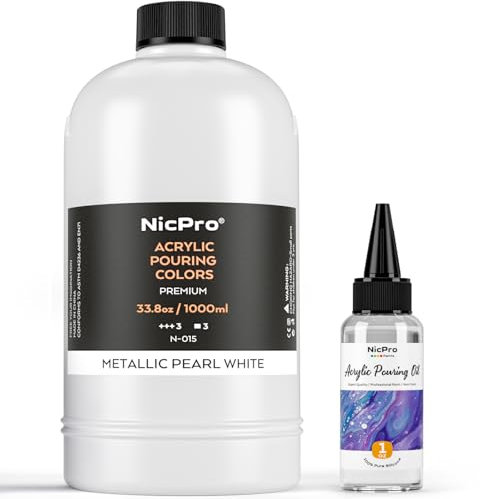 Nicpro White Metallic Pearl Color Acrylic Pour Paint, 33.8 Ounce Pre-Mixed Pouring Paint Supplies with Silicone Pour Oil for Canvas, Rock, Wood Cell Creation Flow DIY Art Painting, Ready to Pour