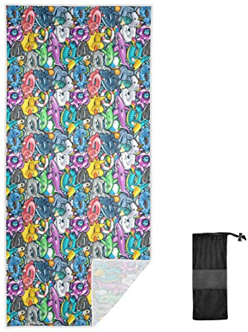 GuoChe Kinder-Strandtuch, Cartoon-Design, niedliches Kritzeleien, aufblasbare Pool-Strandtücher für Jungen und Mädchen, 30 x 60 cm, schnell trocknend, sandfrei