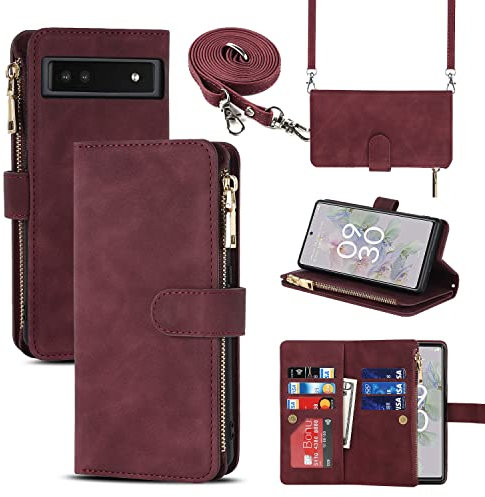 Cavor Google Pixel 6A Case With Card Holders With Strap,Flip Leather Wallet Crossbody Case,[9 Card Holders][Double Buckle][Detachable Lanyard],Phone Case Cover for Pixel 6A - Red