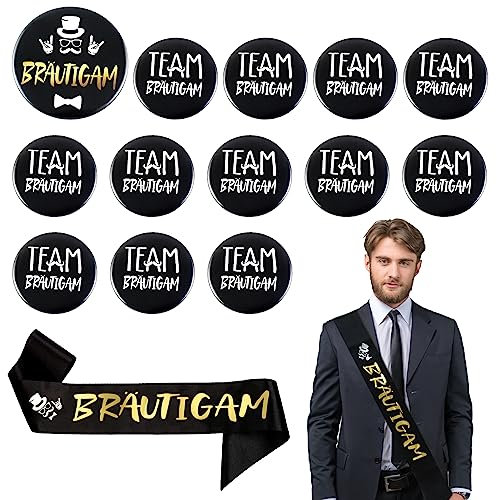 Karjiaja 13pcs Bräutigam Button Schärpe Set, JGA Deko Männe Team Bräutigam Anstecker Schärpe Abzeichen Satz, Mitgebsel Partyzubehör Männer Junggesellenabschied Hochzeit Accessoires Schwarz Gold
