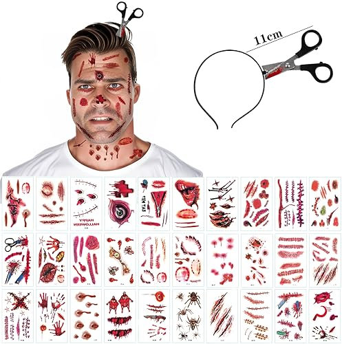 Blutige Schere im Kopf, Halloween Messer im Kopf Blutige Haarreif, 30pcs Halloween Zombie Scars Tattoo Grusel Zombie Accessoires Horror Kostüm Gruselkostüm (A)