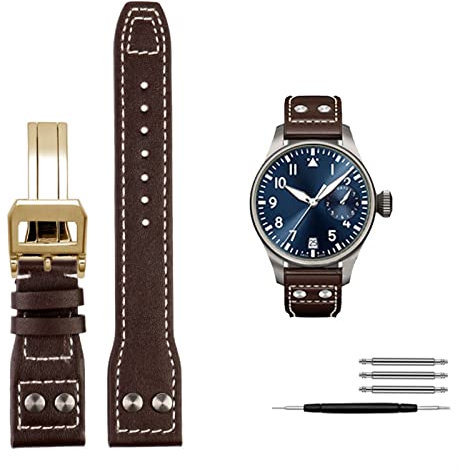KAPPDE Echtes Leder Nieten Armband Für IWC Big Pilot Spitfire Rindsleder Faltschließe Uhr Männer Band 21mm 22mm, 21 mm, Achat