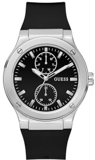 GUESS Herrenuhr 45 mm – schwarzes Armband, schwarzes Zifferblatt, silberfarbenes Gehäuse, Schwarz, Classic