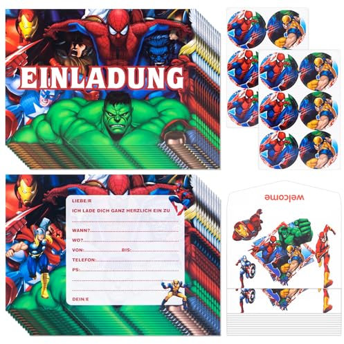 Zoriwn 12 x Superhelden Einladungskarten Kindergeburtstag Mädchen für Superhelden Einladungskarten Geburtstag Deutsche Mit Cartoon-Bilder Partyeinladungen für Kindergeburtstage