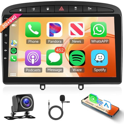 2G+64G 2 Din Android Autoradio pour Peugeot 308/408 2007-2013 avec sans Fil Apple Carplay Android Auto GPS Navi WiFi 9 Pouces Autoradio avec Mirror Link Bluetooth FM/RDS/Dab/OBD/DVR Caméra de Recul