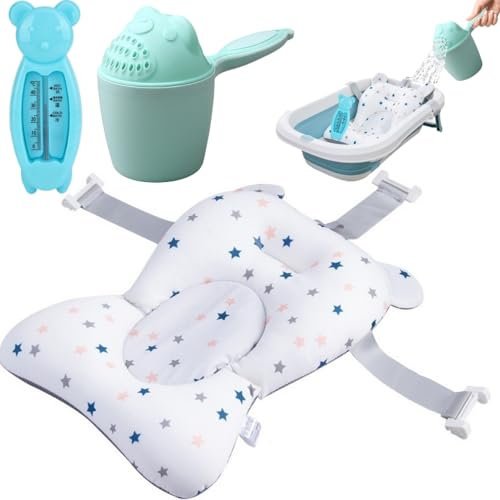 Cojín Bañera Bebé + Jarra de Baño + Termómetro, Soporte Bañera Bebé, Adaptador Universal, Reductor Baño Recién Nacidos, Hamaca Antideslizante, Almohada Acolchada, Asiento Baño Suave y Cómodo