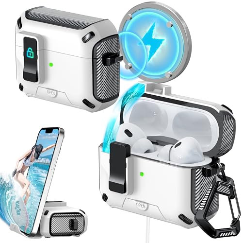 RFUNGUANGO Compatibile con custodia AirPods Pro 2, Compatibile con ricarica MagSafe, pop-up automatico con clip di blocco di sicurezza (2023/2022/2019),Custodia bianca con interruttore nero