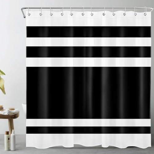 LB Noir et Blanc rayé Rideaux de Douche 180x200cm(LxH) Abstrait géométrique Rideaux de Bain avec Crochets, Classique Extra Longue Imperméable Polyester Anti Moule Salle de Bain Décor