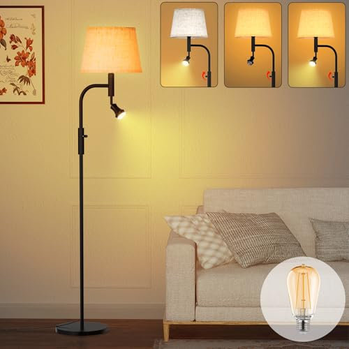 Hzitcigm Lampadaire sur Pied Salon, LED Lampe sur Pied avec 5W Lampe de Lecture Angle Réglable Moderne Lampadaire Chambre avec Abat-jour en Tissu Interrupteur Rotatif LED Lampadaire pour Salon, 165CM