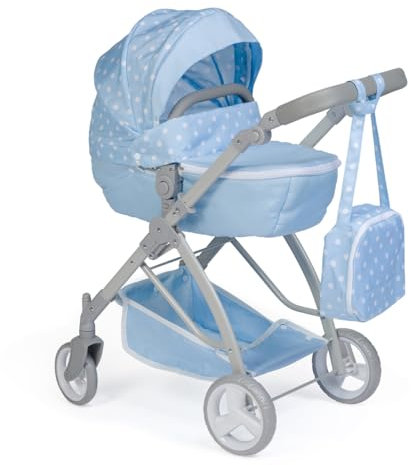 JC Toys Faltbarer Puppenwagen bis zu 45 cm, Korb, Verdeck, Buggy, Verstellbarer Lenker, abnehmbare Babywanne, ideal zum Spielen und Spazierengehen, blau, entworfen von Berenguer Boutique, ab 3 Jahren