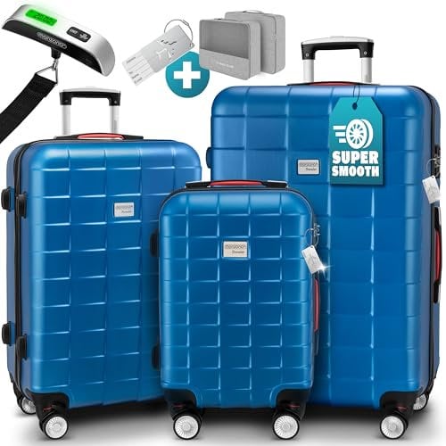 MONZANA® 3tlg. Kofferset TSA Schloss Organizer Kofferwaage Gurt Gel-Griffe Zwillingsrollen Standfüße Trolley Reisekoffer Hartschalen Koffer M-L-XL Blau