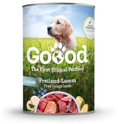 Goood - Junior Freilandlamm - Nassfutter, Welpenfutter - nachhaltige Forelle, regionale Kartoffel und Pastinake - Getreidefrei, Glutenfrei, Weizenfrei, Ohne Konservierungsstoffe - 12 x 400g