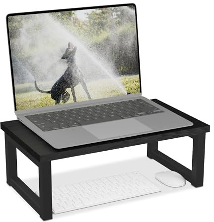 Relaxdays Supporto per Monitor, Alza Schermo PC per Scrivania, HLP: 15x40x23 cm, Organizer Ufficio, Industriale, Nero, Fibra di Legno