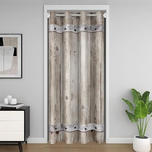 Homemissing Rideau de Porte de Grange Rustique pour l'intimité de la Porte Grain de Bois Texturé Art imprimé Placard Rideau Occultant Rideaux 132x203cm pour Chambre à Coucher Ferme décoration Brun