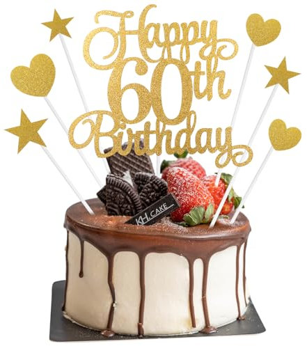 60th Birthday Cake Decorations, 7Pcs Personalised Happy 60th Birthday Cake Topper with Heart Star Cupcake Picks, Gold Glitter Happy 60 Years Old Birthday Sign for Birthday Party Supplies