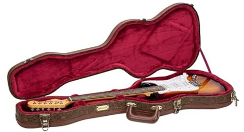 Crossrock Custodia sagomata in legno per chitarra elettrica Fender Stratocaster e Telecaster, finitura marrone fiore, interno in velluto bordeaux, serratura - Serie Designer (CRW530STBQ)