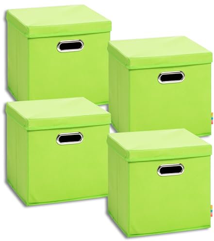 Storanda | 4er Set Aufbewahrungsbox mit Deckel 28x28x28 cm | Beiseitig Breite Griffe | Stabil & Faltbar | Regalbox für Würfelregal | Apfelgrün