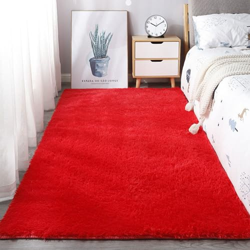 GOUSUN Natürlicher Teppich 330 x 350 cm rutschfeste Rückseite Langflor Teppich Anti-Rutsch Unterseite Waschbarer Teppich für Kinderzimmer, Rot