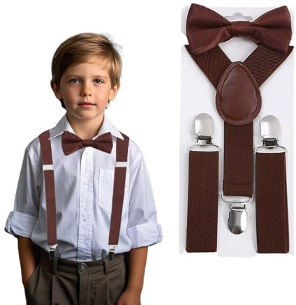 CXNXFD Kinder Hosenträger Fliege Set, Kinder-Hosenträger mit Elastischer Y-Form Verstellbar mit Clips (Braun)