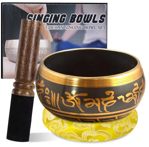 Tibetan Singing Bowls Meditation Set: Large Singing Bowls With Singing Bowl And Silk Cushion Yellow And Mallet, Sound Healing Bowl Meditation Set For Meditation Chakra Yoga Meditation 8.5 Cm