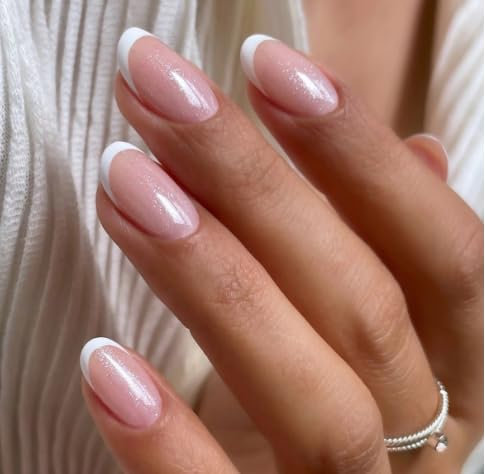 24 Stück Glitzer Rosa Nude Weiß Press On Nails, Französische Fake Nails Mittel, Kunstnägel Aufdrücknägel, White French künstliche Nägel, Falsche Nägel Mit Voller Deckkraft für Frauen