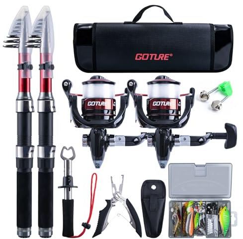 Goture Angelset mit 2 Teleskop-Angelruten,2,4m Angelrute Set Komplett 2 5.2:1 Spinnrolle, Schnur, Köderbox & Tragetasche – für Salz-/Süßwasser, Reisen–Angelgeschenk
