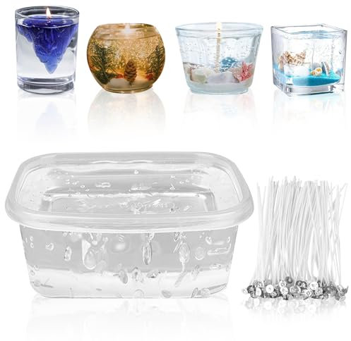 LEKEFETO 500G Jelly Wachs: Kerzen-Gel mit 50 Kerzendocht, Transparente Gelee Wachs DIY, Premium Gel Wachs Kerze Jelly Wachs für Kerzenherstellung und Handwerk Duftenden Wachskerzen Zubehör