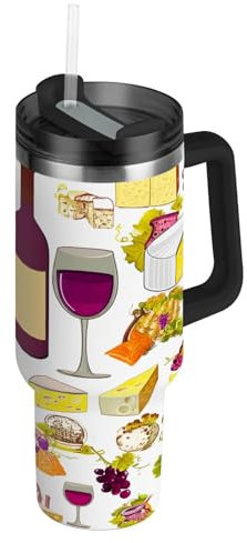 RPLIFE Vaso de vino y queso con asa, vaso de 40 onzas con tapa, vasos de acero inoxidable para mujeres y hombres de viaje