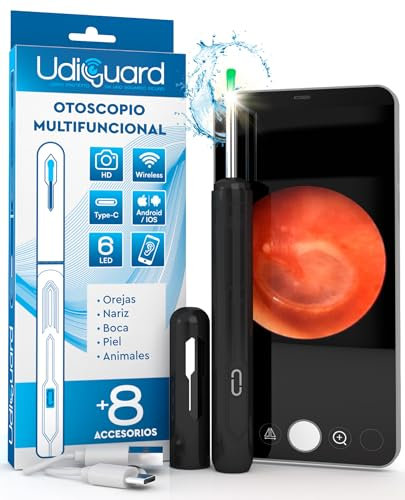 Ohrenschmalz Entferner Otoskop mit Kamera 1920p 3,6mm WiFi Ohrenreiniger - UdiGuard Ohrenspiegel Ohr mit 6 LED-Leuchten Kompatibel mit iPhone iPad Android - für Erwachsene Kinder Haustier Schwarze