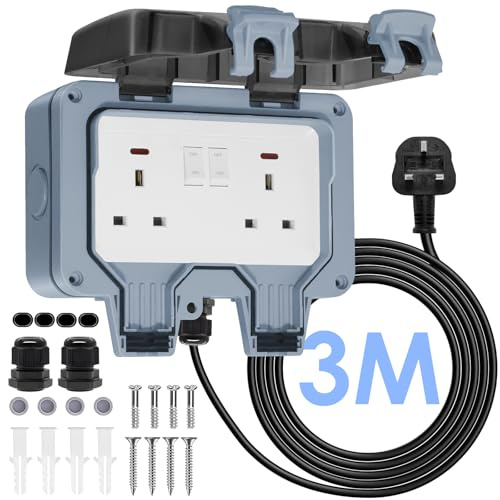 BSEED 3M Cable Outdoor Double Socket IP66 Waterproof 13Amp, Weatherproof Outdoor Double Switched Power Wall Socket with LED Indicator, for Garden, Patio, Yard, RV, Camping, Grey