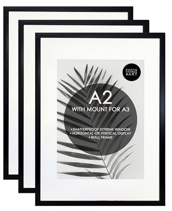 pf+a REAL GLASS 3 Pack A2 For A3 Picture Frames - A3 Black Frames With Mount Set of 3 / 42x59.4cm Frames For Posters, Photos, Artwork - Portait & Landscape Display
