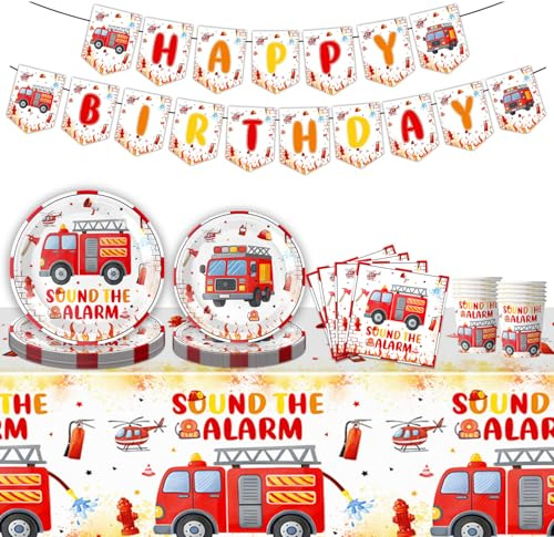 Vaisselle de fête d'anniversaire,Vaisselle de fête motif camion de pompier, 52 pièces, assiettes en carton, gobelets, nappe, pour 10 invités filles, garçons