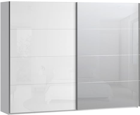 Forte SOPHISTISPACE Kleiderschrank 270, moderner Schwebetürenschrank, 2-türig, Einlegeböden, Kleiderstangen, Spiegel, Holzwerkstoff, Weiß/Weiß Glanz, 269,8 cm breit x 210,5 cm hoch x 62,9 cm tief