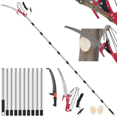 Astschere Teleskop, 82-410cm Teleskop Astschere, mit Teleskopstiel, Einstellbare Länge Seilzug Gartensäge Baumsäge, Leichter Edelstahl Teleskopsäge Hochentaster, Manuell Baumschere für hohe Äst