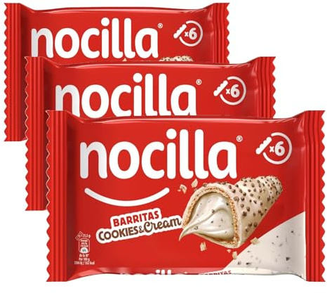 Nocilla, Barritas, Cookies&Cream, Con Crema de Leche y Avellanas y Trocitos de Galleta de Cacao, Sin Aceite de Palma - Pack de 6 Unidades- 129g (Paquete de 3)