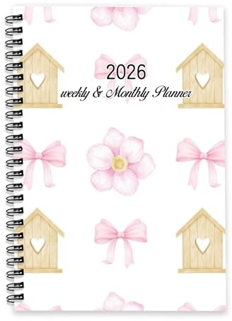 Pink Ribbon Bows 2026 Planer Tagebuch A5 To Do Liste Notizbuch Kalender 2026 Tagebuch Männer Tagesplaner Notizbuch für Urlaub Wochenansicht Monatliches Jahr mit gepunkteter Linie Notizseite schlank