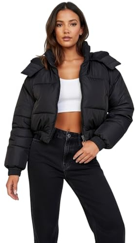 kraftd Ladies Hooded Puffer Jacket – Women’s Winter Quilted Jacket with Hood, Lightweight Warm Padded Coat, Zip up Insulated Outerwear for Cold Weather Black - M (UK 10-12)