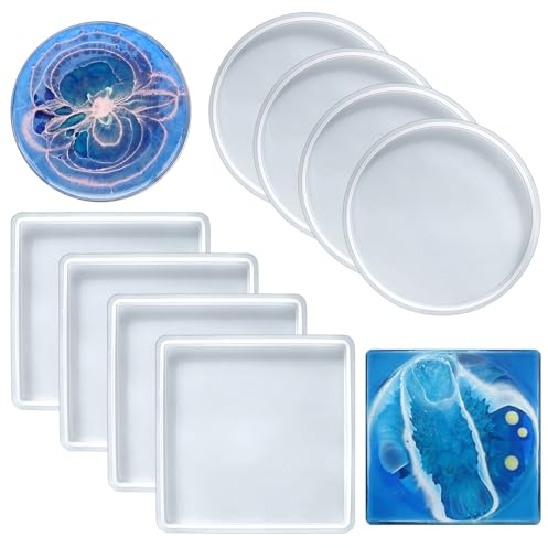 8 Stück Epoxidharz Formen Silikonform Runde Quadratische Untersetzer 9cm | Resin Silikonform Untersetzer Leicht Form zu Lösen für Kerzenständer, Topfpflanzen, Diy-Bastelprojekte, Wohnaccessoires