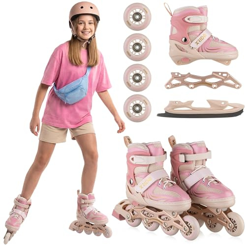 Xride 4in1 Rollschuhe Inliner für Kinder, Verstellbare Inline Skates mit Schlittschuhen, Rosa, ABEC-7 Kugellager, PU Rollen, Größenverstellbar