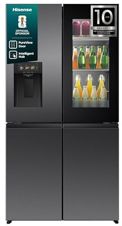 Hisense RQ600P7SKE Cross Door mit Eis-Wasserspender/90cm Breite/615L/PureView/6.86'' TFT/antibakterielles Dark-Interior/UV-Wasserreinigung/VoiceControl/BxHxT: 91,4×174×73cm/Schwarz [Energieklasse E]