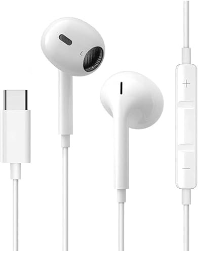 Wired Earphones USB C for iPhone 17/16/15 Pro Max, Wired In Ear Headphones with Mic & Volume Control, Compatible with Samsung Galaxy S25/S24, iPad Pro, Google Pixel – White