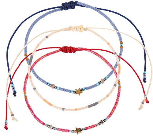 Made by Nami Perlen Fußkettchen 3er Set Damen & Mädchen - 3x Surfer Fußkette Boho Ethno Style - 100% Wasserfest & Verstellbar - Bunte Fussketten Fußband Festival Accessoires (Sterne)